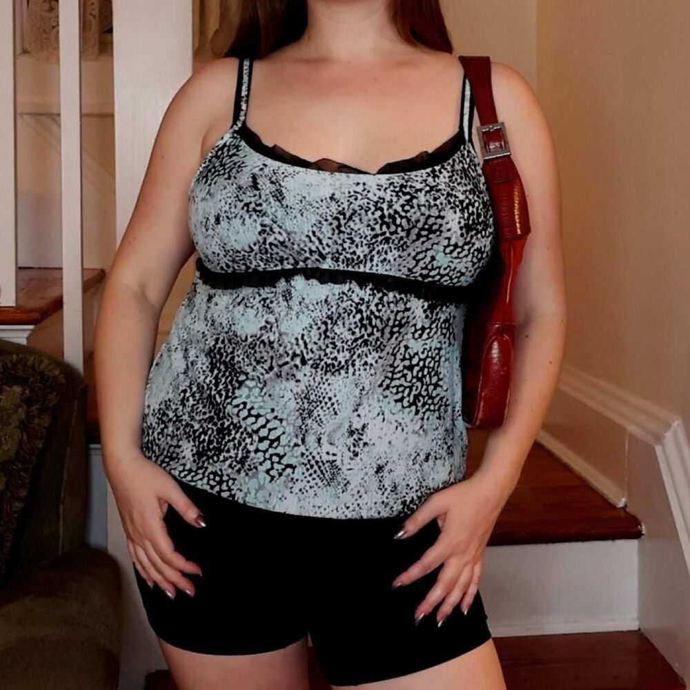 Baby Blue Lace Trim Babydoll Camisole Top Small Abstract Animal Tank Indie Y2K